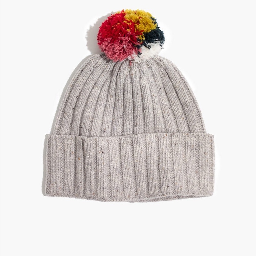 Madewell Gray Knit Beanie with Rainbow Pom-Pom